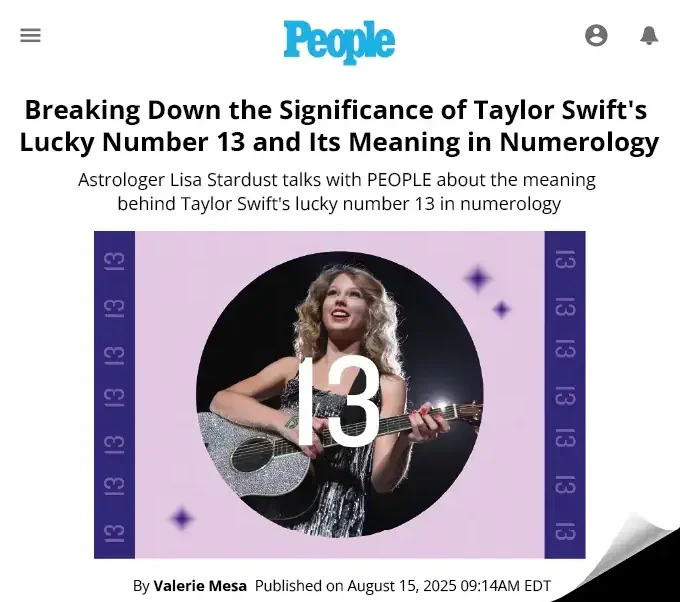 People magazine article about Taylor Swift's lucky number 13 and its meaning in numerology